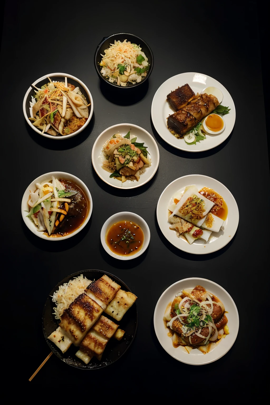 un Samgyeopsa, Peking duck and tonkatsu on a dark background accompanied by its sauces and chopsticks
