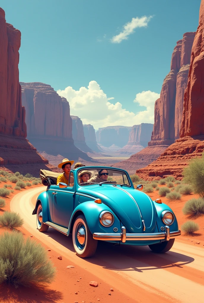 Blue 1973 Beetle traveling through the Grand Canyon in the USA on vacation