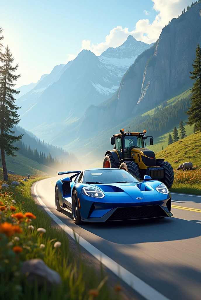 Blue car in morning mountain race with tractor