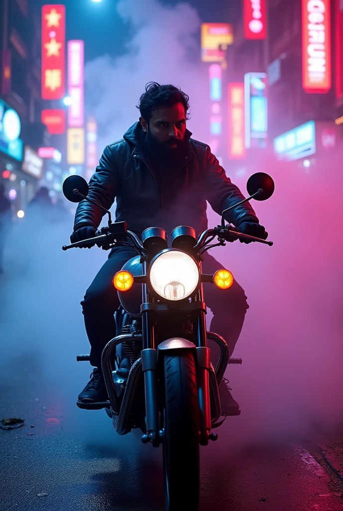 A Indian man riding Yamaha rx100 in Bangalore cyberpunk neon and pink blue purple lights fog