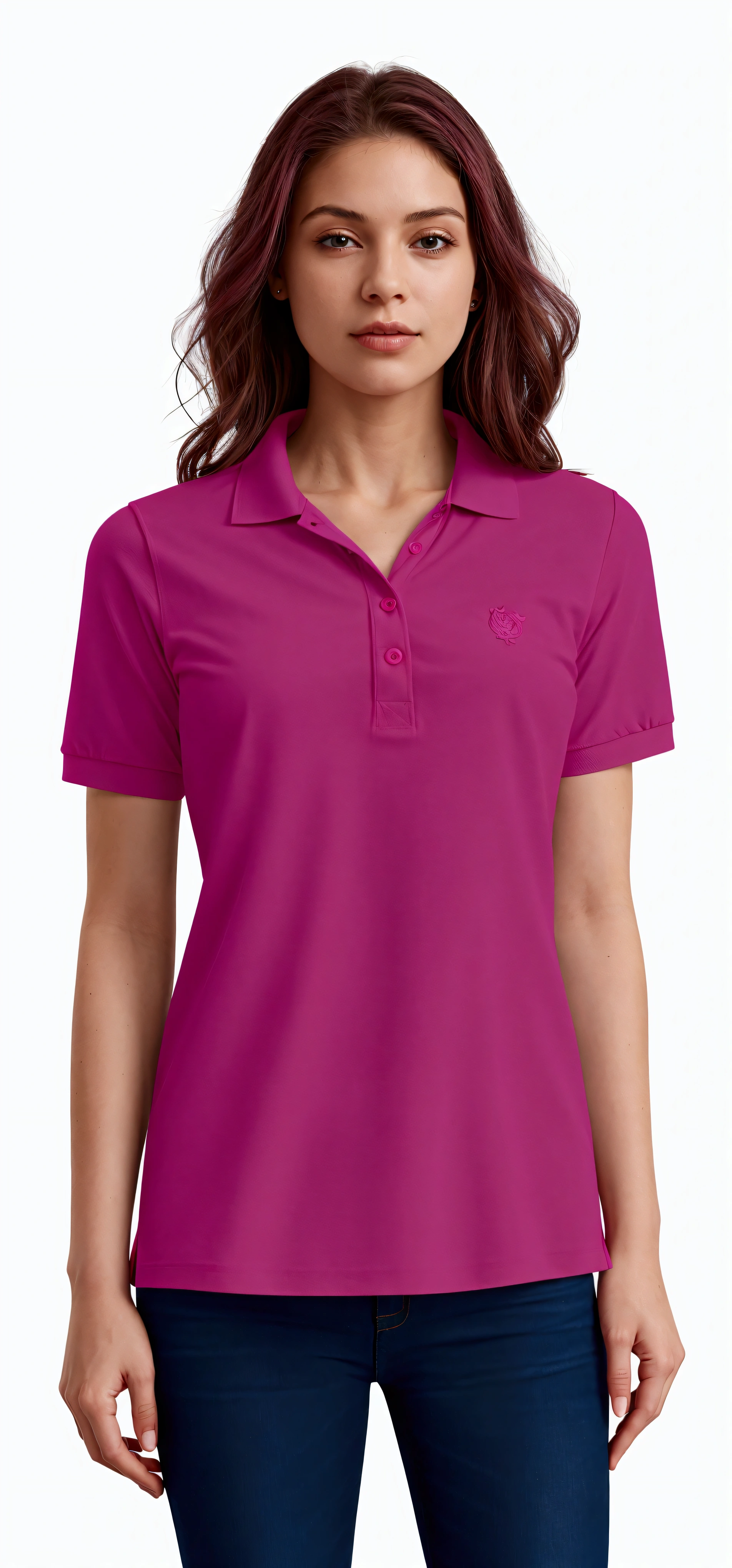 port authority women's polo shirt and jeans, magenta shirt, pink shirt, wearing polo shirt, short sleeves, collared shirt, rich deep pink, hot pink, rose, pink, in long pink or violet dresses, magenta, full frontal shot, detailed zoom photo, wearing a dark blue polo shirt, close body shot, in a dark teal polo shirt, professionally post - processed