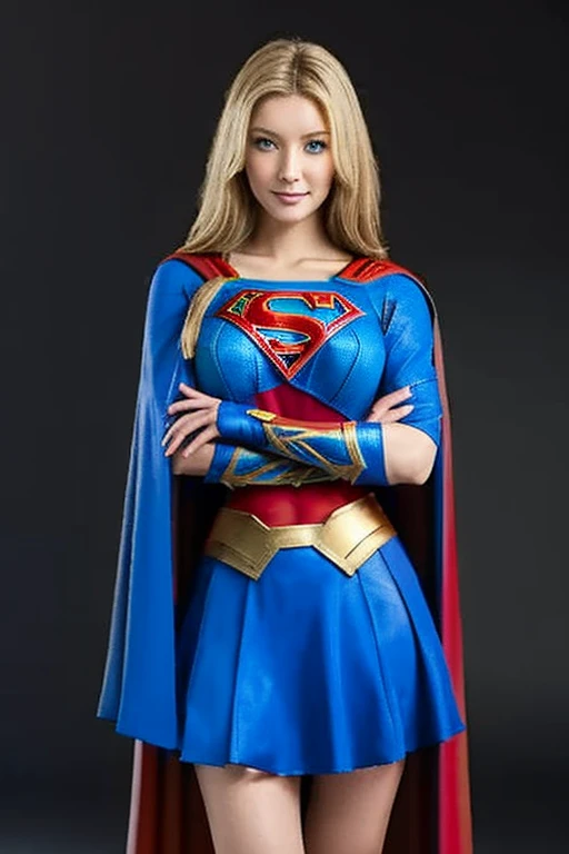 (Highest quality, masterpiece, Absurd)),One girl:1.3, alone:1.3,Beautiful woman,Expressive blue eyes, Beautiful woman,Long blonde hair, 21 years, alone, One girl,Hourglass-shaped body,Huge breasts, defined body, Wearing Superman Cosplay((Supergirlコスプレボディスーツ, skirt (waist up to half of thigh)Supergirl, supergir short red cape)), Bright colors