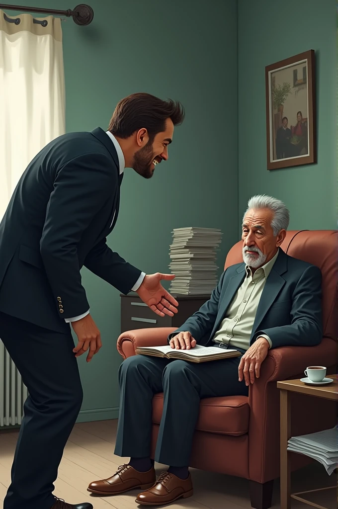 A salesperson trying to sell a product to a very uninterested caretaker who is asleep in their chair, starting to sweat from the effort