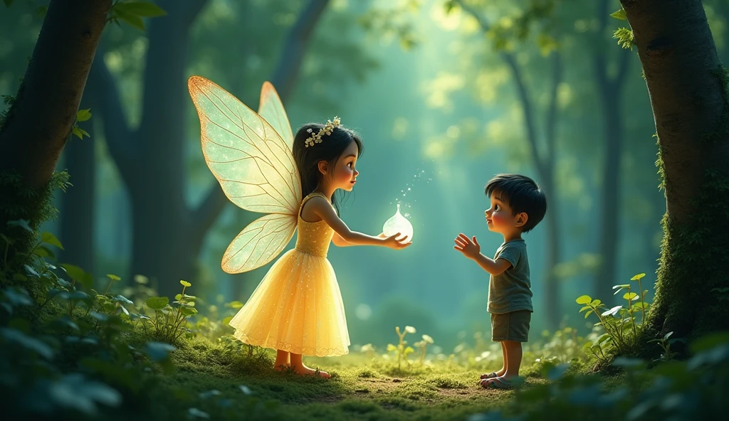 Generate a realistic photo.
   - Image: The fairy is glowing and saying goodbye to Chintu. The magical glass is being returned to its original form, and Chintu is waving back.
