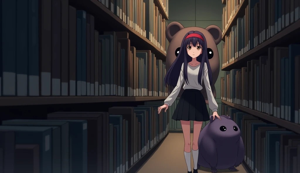 May ((A female student with long, dark purple hair that reaches the middle of her back. She always wears a red headband. She have a brown eyes color. She is wearing a long-sleeved shirt and a black skirt.)) she walks down the aisle between the bookshelves. She turns a corner and sees a mole mascot standing in the dark corner of the room, its empty eyes staring straight at her.