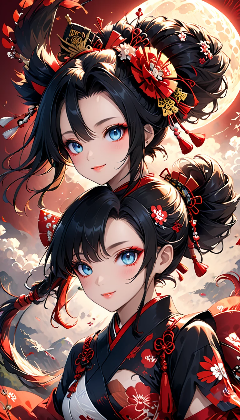 Ink painting, (((1 girl))), (((Tattoo in the middle of the forehead))),(((In the background is the Akatsuki moon))), (((Oiran))), (((Great hair accessories))), Demon possession, ((Masterpiece:1.2)), ((Highest quality)), (((Upper body covered))), Extremely detailed and delicate illustration style, Detailed leather texture, Detailed canvas texture, Very detailed description, (Masterpiece T), Extremely beautiful illustration, Highly detailed face, Raw image, professional, Ultra-high resolution panel, Complex details, Superior detail, Intricate decoration details, Perfect anatomy, real, figure、Blush,He smiles、Red poetry、long hair、usual clothes、Combat uniform、Visible collarbone、Beautiful feet、usual hairstyle、Highest quality, High accuracy, Unity wallpaper 8k, (figure:0.8), (Beautiful and beautiful eyes:1.6), Highly detailed face, Perfect lighting, Highly detailed CG, (Perfect hands, Perfect anatomy),