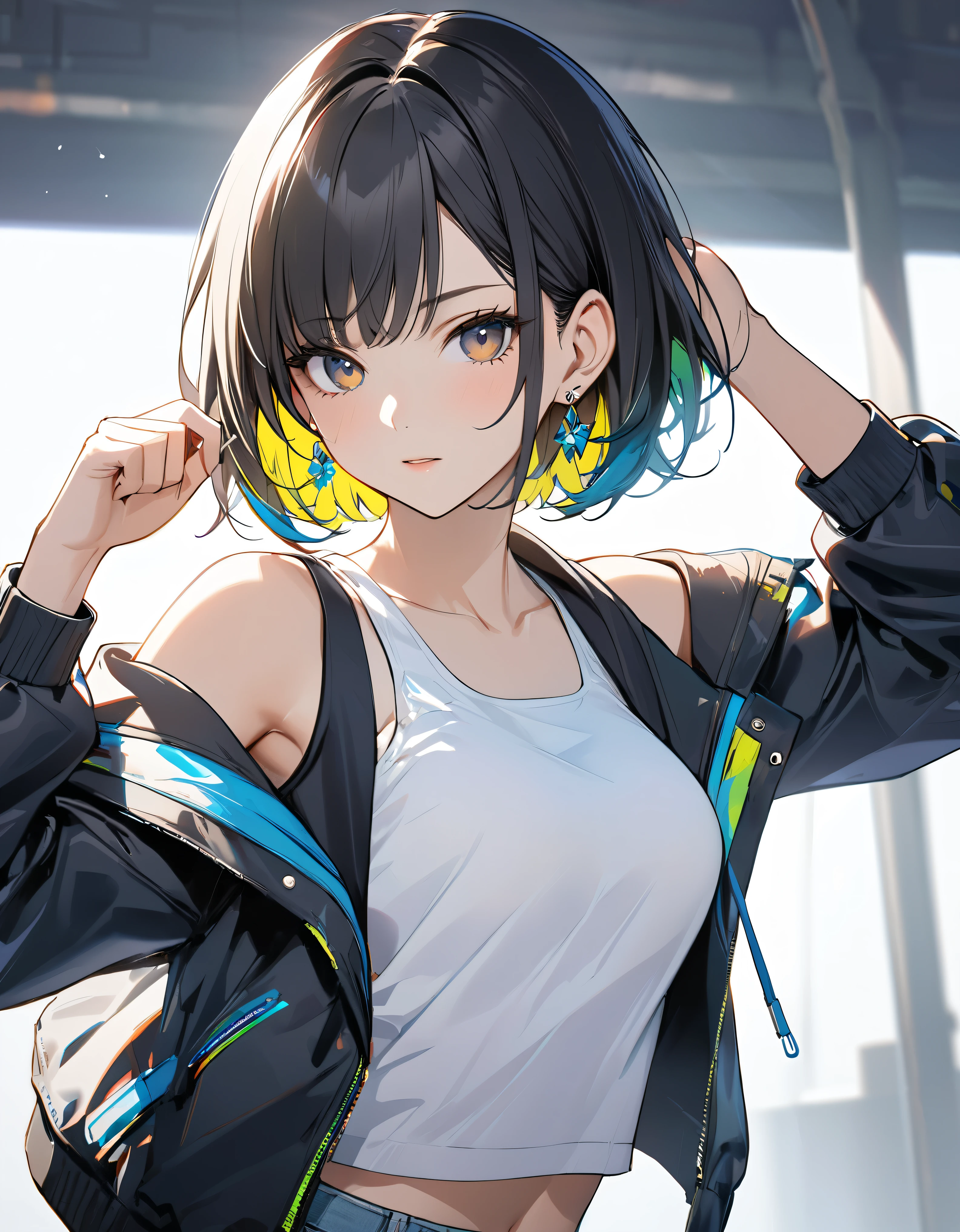 1girl, best quality, beautiful, short hair, half body, 8K, act cool pose, jacket, white tanktop inside, earrings, perfect, concept, full color