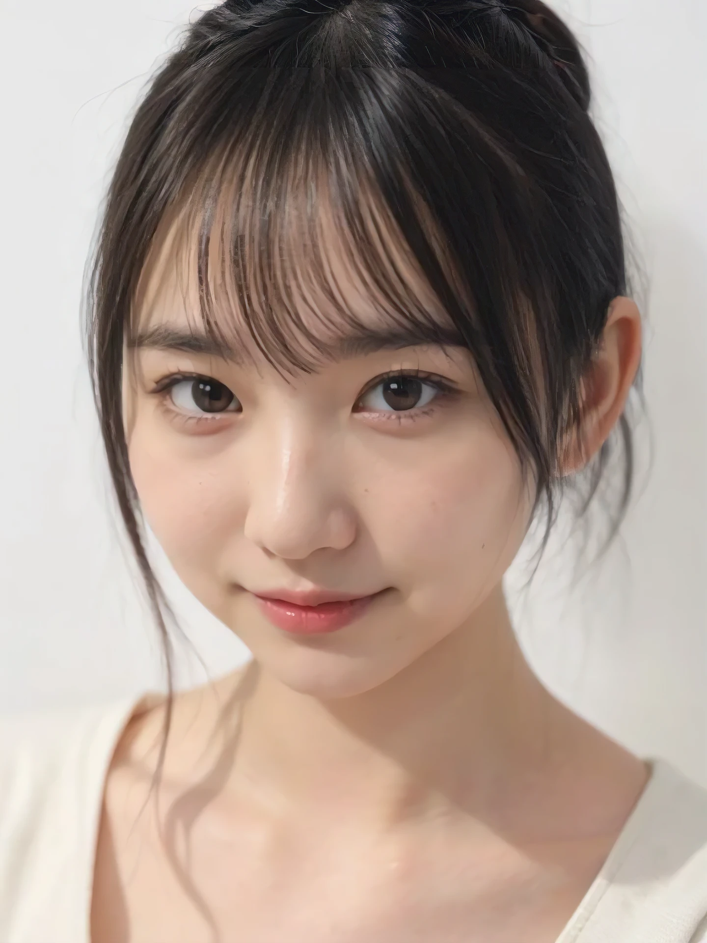 1girl, 25years old woman, cute face, Small breasts, medium breasts, large breasts, beautiful face, (perfectly detailed face), ((looking at viewer)), Simple Background, ((white background)), ((white wallpaper)), White skin, (bright lighting:1.2), perfect lighting, mole under mouth, photorealistic, (bokeh), UHD, anatomically correct, highres