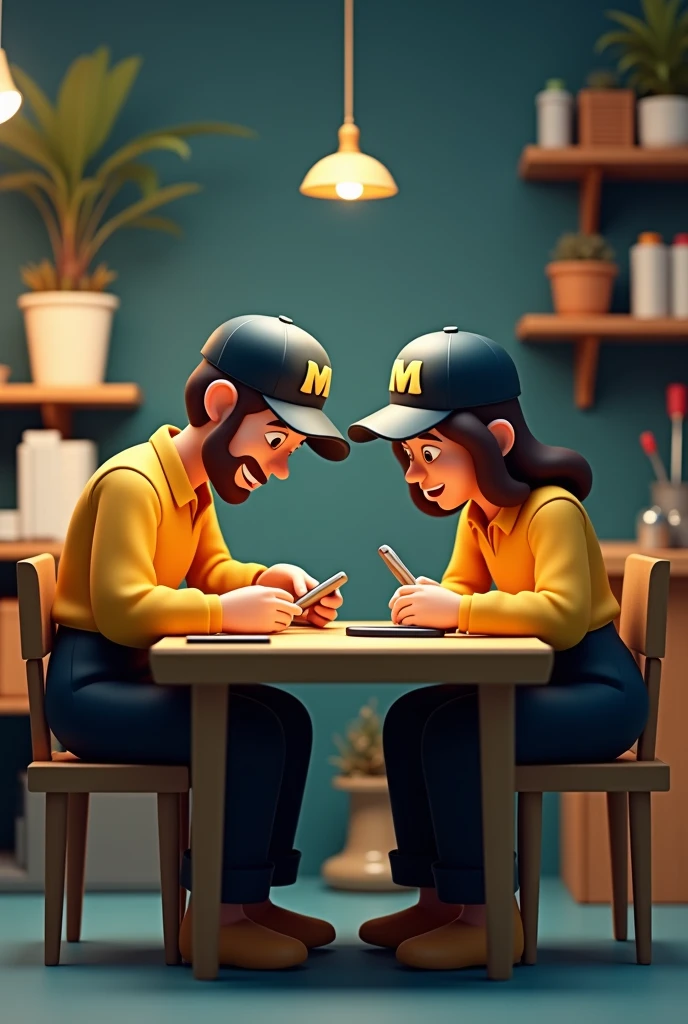 One man and woman 3d doodle are technicians in workshop they repairing mobile phones sitting on table and one lamp is also on on table they wear black pajama yellow top and cap on cap written mm