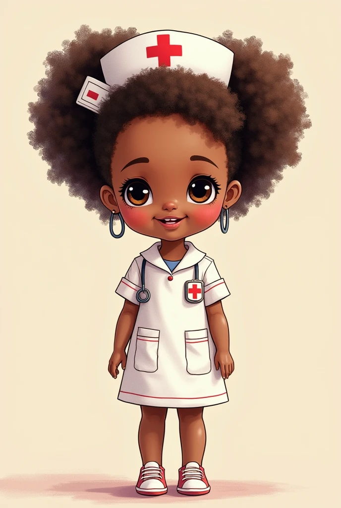 kawaii doll brunette hair afro hair nurse hand draw style