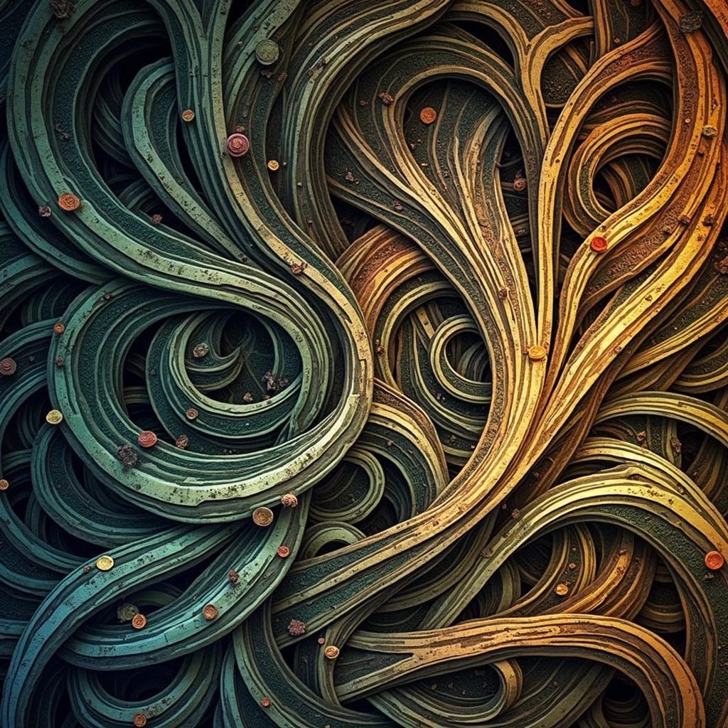 An abstract representation made of geometrical patterns and curved lines.((corruption,entropy,decay,resilient, toxic)),((dark green,rusted brown, yellow greenish)),((deep wiew)),photographic,ultra high resolution,hyperdetailed, masterpiece, 3d modelling, digital art, abstract art.