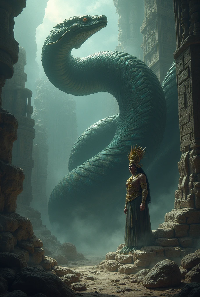 make a giant snake in the Aztec hell next to the Aztec god of the dead. I want a representation of the Aztec god Quetzalcoatl
