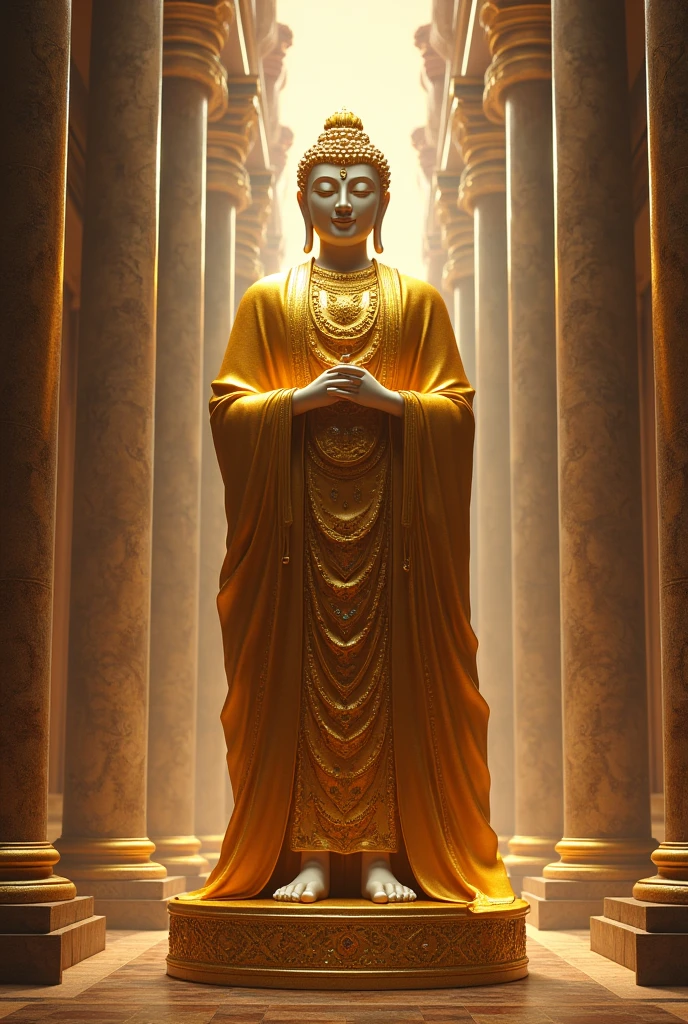 A majestic golden Buddha statue standing tall in the center of an ancient temple. The statue is ornately decorated with intricate carvings and precious stones embedded in the robe. The background features towering temple columns, with soft light streaming in from high windows, illuminating the statue in a warm, golden glow. The statue's face is calm and composed, with a slight tilt of the head and a gentle, knowing smile. The overall art style is richly detailed, with an emphasis on the opulence of the setting and the divine aura of the Buddha.

