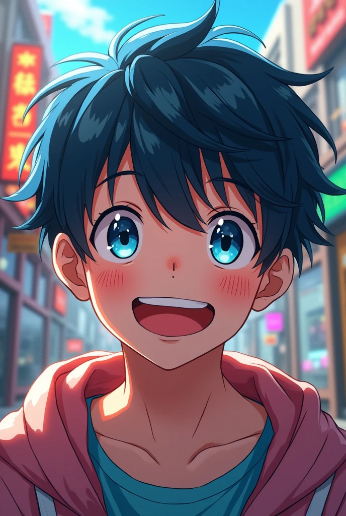 a 20 year old Shin-chan, extremely detaild, beautiful detailed light blue eyes, beautiful detailed lips, shy smile, ⁰extremely detaild face, Detailed facial expressions, 1 , anime styling, swirly vibrant colors, dynamic pose, mischievous expression, street background, Urban city, detailed ambient, details Intricate, photorrealistic, 8k, high resolution, work of art, cinematic lighting, dramatic lighting