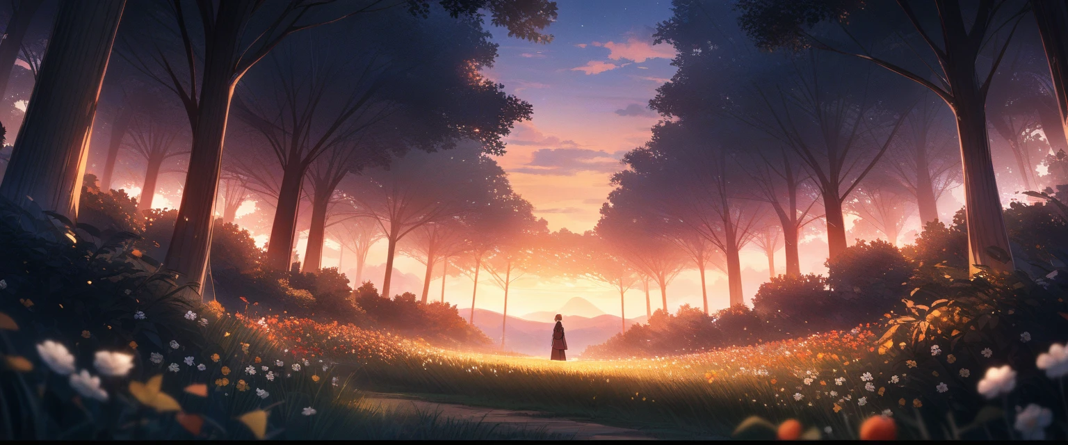anime aestetics, dusk, tall grass, apple trees garden, a lot of trees, pink, red and yellow flowers on trees, dim light, calm and peaceful atmosphere, beauty of nature, little white flowers in the grass, smoke and light far at the background, few stars at the sky, perspective, atmospheric perspective, wide shot, wide shot, atmospheric perspective, perspective, highres, HD, 8k, award winning, best quality, highres, super detail, masterpiece, UHD, 4K, 8k, best quality, award winning, high details, super detail, masterpiece:  2536X1034[16 : 9]