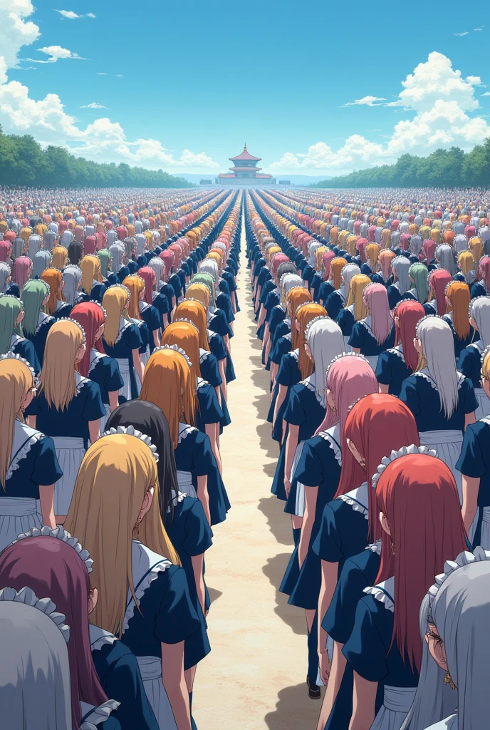 Masterpiece, best quality, highly detailed, An anime-style illustration depicting millions of maids professionally marching in lockstep in straight rows with each other,
each maid has different  colored hair.
the illustration emphasizes the conforming nature of their marching, crowd shot