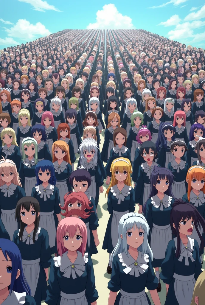 Masterpiece, best quality, highly detailed, An anime-style illustration depicting millions of maids professionally marching in lockstep in straight rows with each other,
each maid has different colored hair.
the illustration emphasizes the conforming nature of their marching, crowd shot