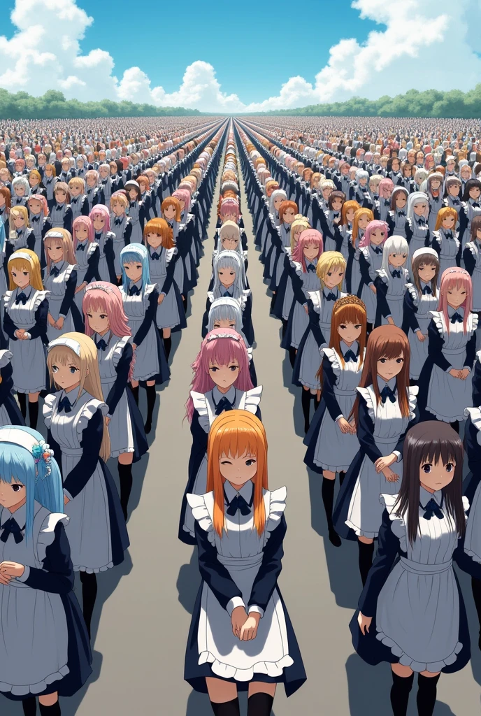 Masterpiece, best quality, highly detailed, An anime-style illustration depicting millions of maids professionally marching in lockstep in straight rows with each other,
each maid has different colored hair.
the illustration emphasizes the conforming nature of their marching, crowd shot