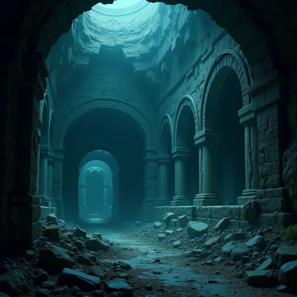 Deep underground, nighttime, the desolate ruins of an ancient civilization, dimly lit by some supernatural glow.