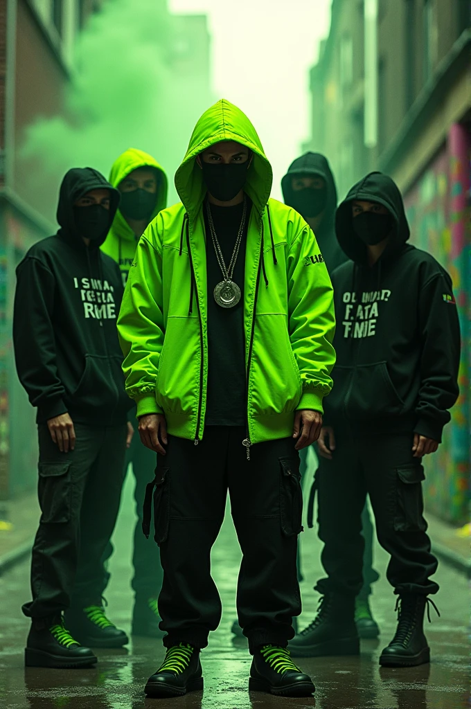 A gang of people with dress color fluorescent green and black