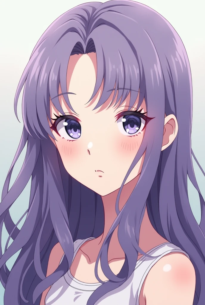 Style de dessin de l’anime my hero academia. White girl with long wavy purple hair. With silver gray eyes.