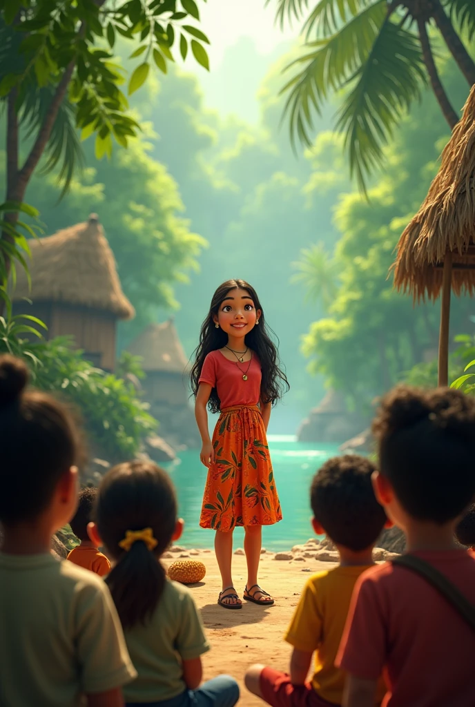 Latina girl is reciting a poem in an Amazonian village, Many children and teachers look at her pixar style drawing