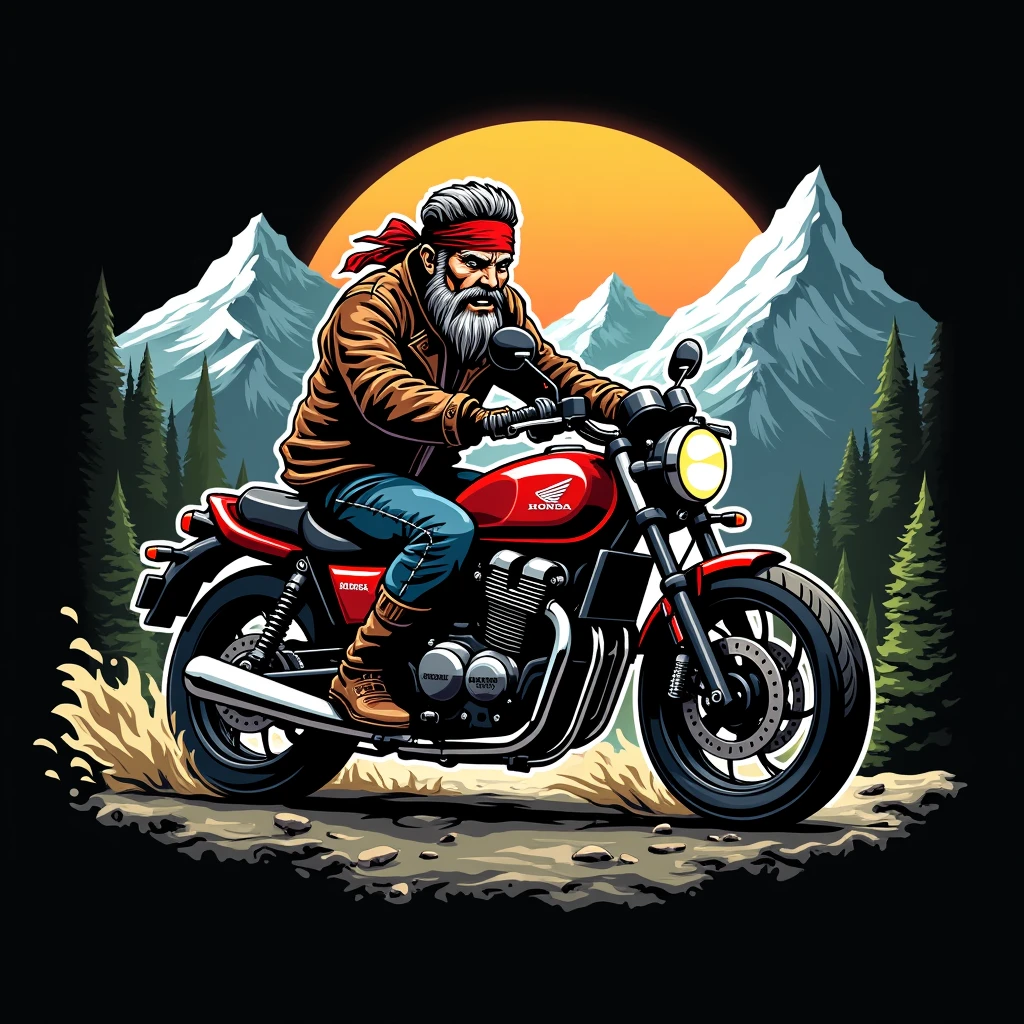 ((logo with white border:1.5)), ((Honda NC750X:1.5)) , ((pirate driving motorcycle)), (((crear un logo with white border de un pirata manejando una honda NC750x))), mountains background