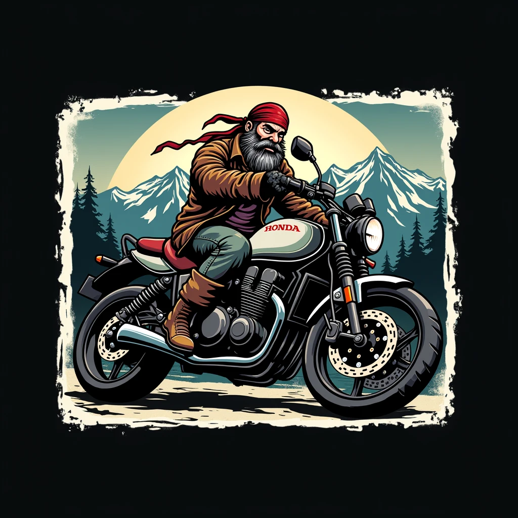 ((logo with white border:1.5)), ((Honda NC750X:1.5)) , ((pirate driving motorcycle)), (((crear un logo with white border de un pirata manejando una honda NC750x))), mountains background