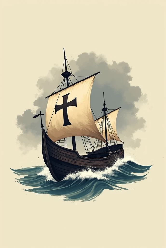 Crie uma logo, with an old ship, sailing in rough seas, that has the design of the cross of Christ on its sails, em estilo minimalista.