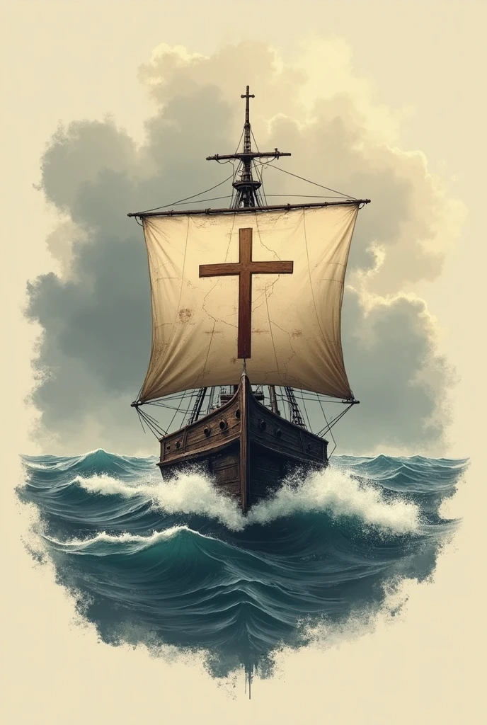 Crie uma logo, with an old ship, sailing in rough seas, that has the design of the cross of Christ on its sails, em estilo minimalista.