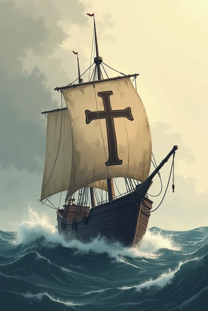 Crie uma logo, with an old ship, sailing in rough seas, that has the design of the cross of Christ on its sails, em estilo minimalista.