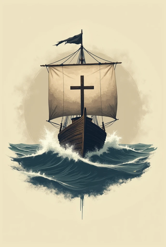 Crie uma logo, with an old ship, sailing in rough seas, that has the design of the cross of Christ on its sails, em estilo minimalista.