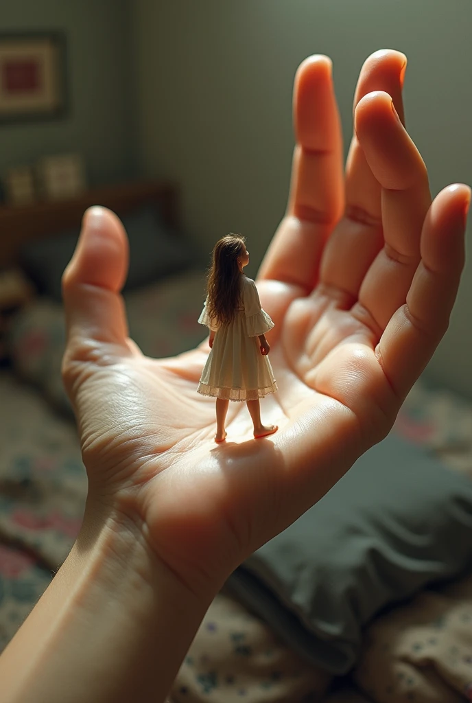 A shrunken woman standing on a giant hand. In a bedroom 