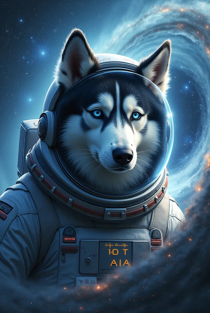 Siberian Husky with astronaut helmet and black hole of mathematics 