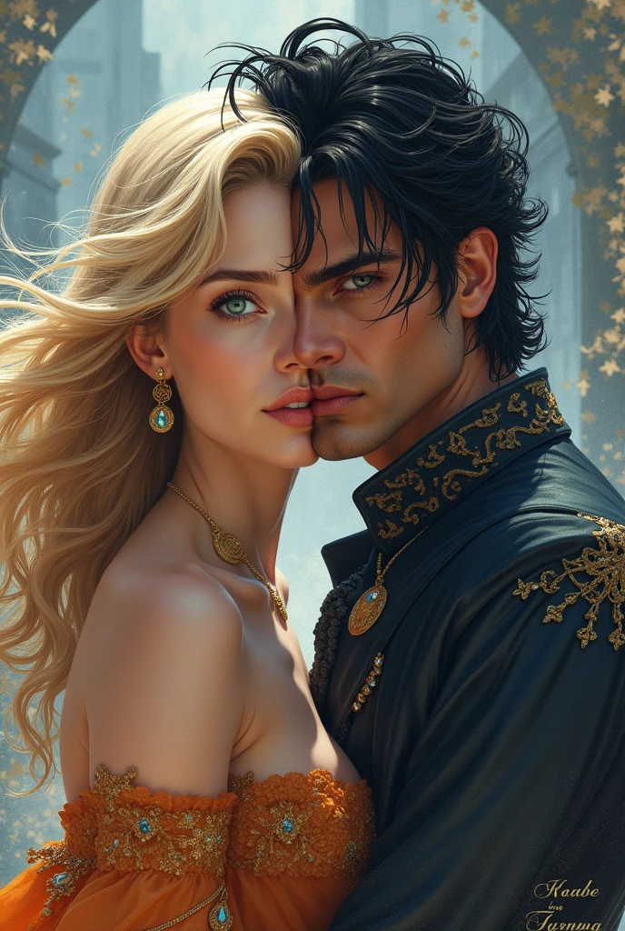 Create the cover for my book A Princess in Turkey tells the story of a princess who was teleported from her world where the kingdoms are named after precious stones. She comes from the sardonic kingdom. Her hair is blond and her eyes are blue.. teleported to Turkey in 2024 to the home of a modern, black-haired man. Put the title of the book in Portuguese and my author name Kelly Ramos. Put the title of the book in Portuguese, put details like the two worlds the ancient and the modern.