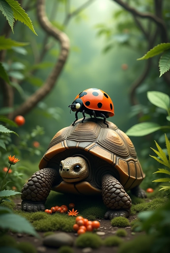 Picture of a ladybug and tortoise in a jungle