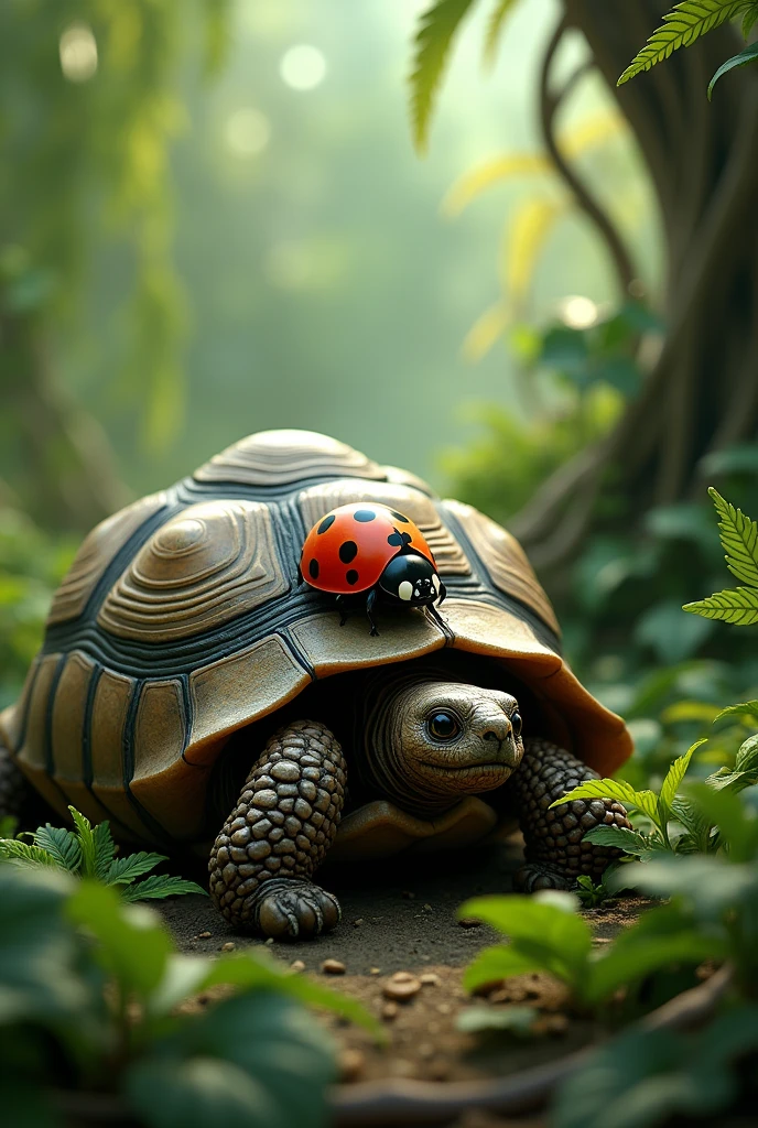 Picture of a ladybug and tortoise in a jungle