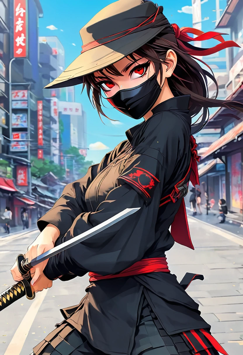 anime ninja girl, She is wearing a combat uniform and a mask., holding a katana sword,In the city, wearing a straw hat, (((Bright, detailed red eyes.))),
