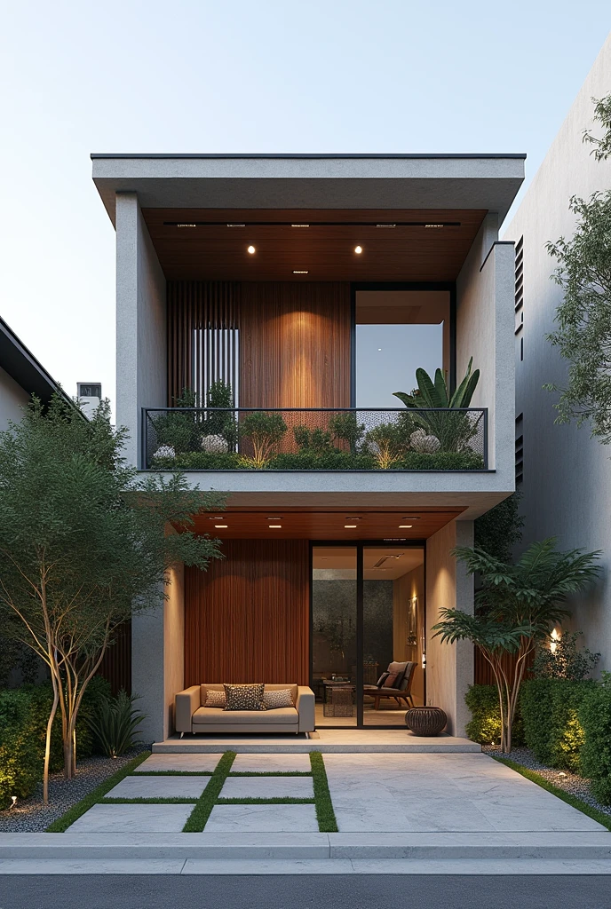 Make a not so big house 1. styled: moderno/contemporary, with touches of the classic.
2. Improve security, without closing the front too much (Wall). . Trazer elementos naturais como Wood, vegetation, stones etc.
3 4. Give more volume to the facade and/or sensation of volume.
5. Facade with personality and creative solutions.
6. Monica appreciates: pergola, gram, plants, glass, Wood, stones, more neutral overall tones, with contrasting points, a mix of coziness and sophistication etc..