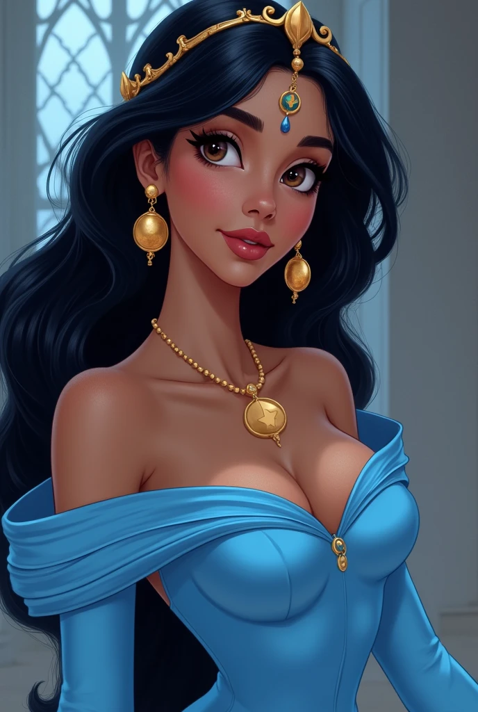 Close-up of a woman in a blue dress posing for a photo, Princess Jasmine, beautiful genius girl, Beautiful goddess, Aesthetic!!!!!! female genius, hermosa beautiful woman, beautiful woman, beautiful and seductive anime woman, disney character, Beautiful Princess, arabian beauty, Beautiful lady, arab princess, alena aenami and artgerm, photorealistic disney, beautiful female princess