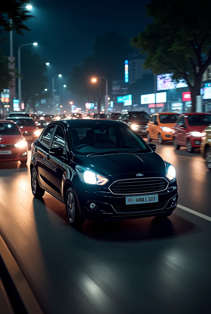 black ford figo with registration number HR04 L 3343 on indian traffic fast in night