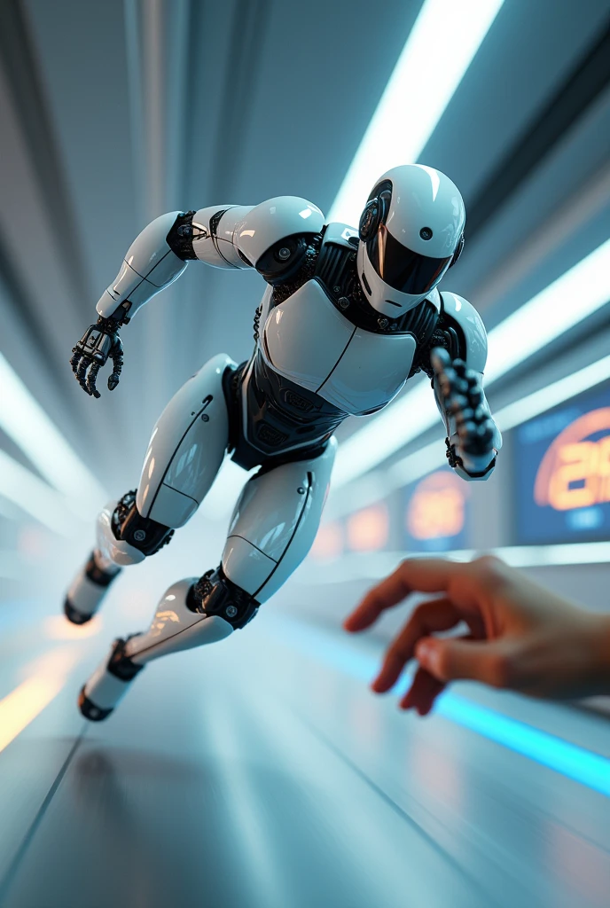 A dynamic comparison between the world's fastest robot and a human hand. The image should depict the robot moving at an extreme speed, with the human hand trying to catch up but visibly lagging behind. The scene is set in a clean, futuristic environment with glowing digital speed indicators in the background, showcasing the robot's superior speed compared to human reaction time.