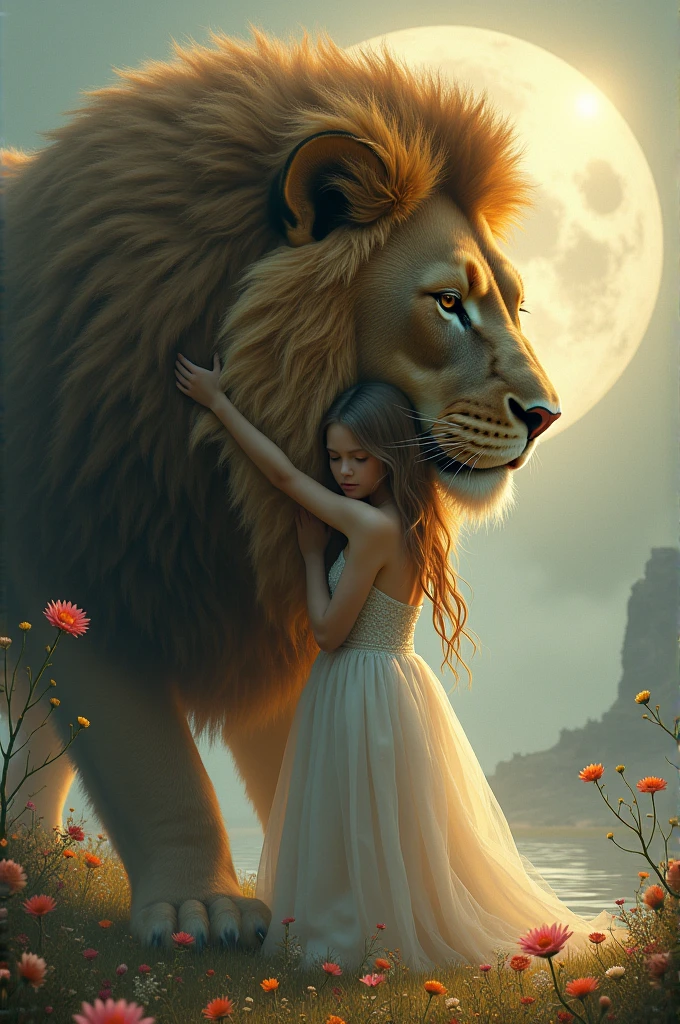 Une fille embrassant un grand lion dans un monde imaginaire 