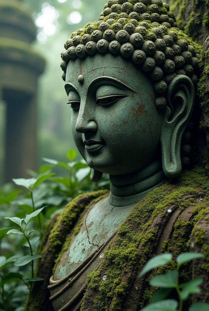 A weathered stone Buddha statue partially covered in moss and vines, situated in a forgotten jungle ruin. The statue is ancient, with cracks and worn edges that tell the story of centuries passed. Despite the decay, the Buddha’s expression remains tranquil and timeless, embodying enduring wisdom. The jungle environment is lush and overgrown, with dappled sunlight filtering through the dense canopy. The art style is atmospheric, focusing on the contrast between the serene statue and the wild, untamed surroundings.