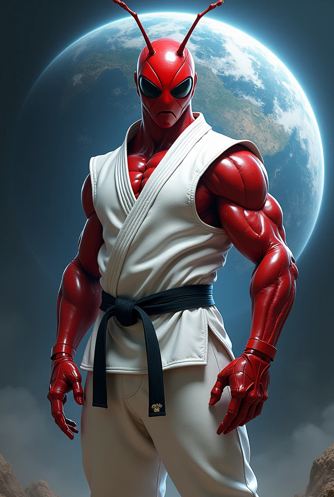 red ant, atomica, super heroi, wearing helmet , wearing a white jiu jitsu kimono and white pants, black waist belt, with both hands on his waist, drawning, it's not human, planet earth as background