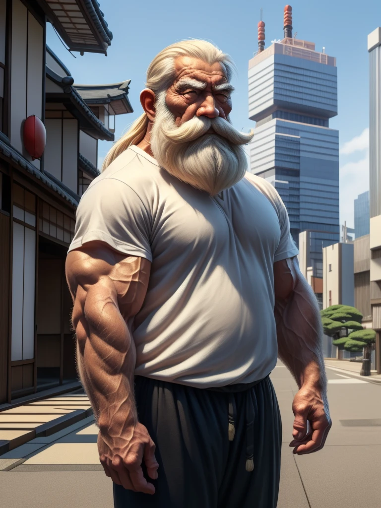 a muscular old man with a thick mustache and long beard, (Japanese man:1.3), wearing a white t-shirts, black pants, standing in a city background, (best quality,4k,8k,highres,masterpiece:1.2),ultra-detailed, realistic, photorealistic, semirealistic,detailed wrinkles,detailed facial features,detailed texture, half body, halfbody