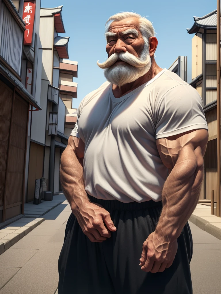 a muscular old man with a thick mustache and long beard, (Japanese man:1.3), wearing a white t-shirts, black pants, standing in a city background, (best quality,4k,8k,highres,masterpiece:1.2),ultra-detailed, realistic, photorealistic, semirealistic,detailed wrinkles,detailed facial features,detailed texture, half body, halfbody