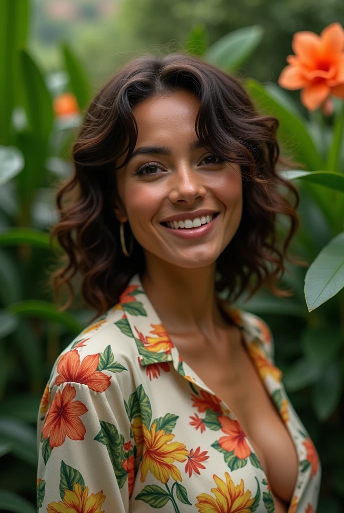 A Brazilian woman in a lush tropical garden, wearing an open shirt with a floral print, with a close-up capturing the harmonious beauty between her breasts and the natural flowers, showing off your natural charm and outgoing personality.