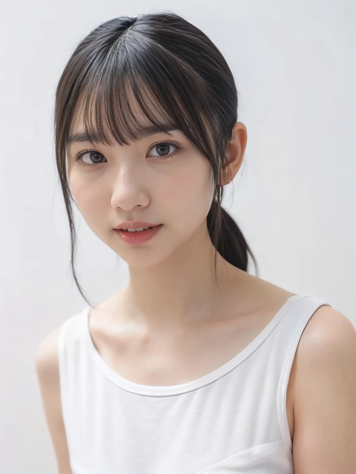 1girl, 25years old woman, cute face, Small breasts, medium breasts, beautiful face, (perfectly detailed face), ((looking at viewer)), Simple Background, ((white background)), ((white wallpaper)), White skin, (bright lighting:1.2), perfect lighting, photorealistic, (bokeh), UHD, anatomically correct, highres