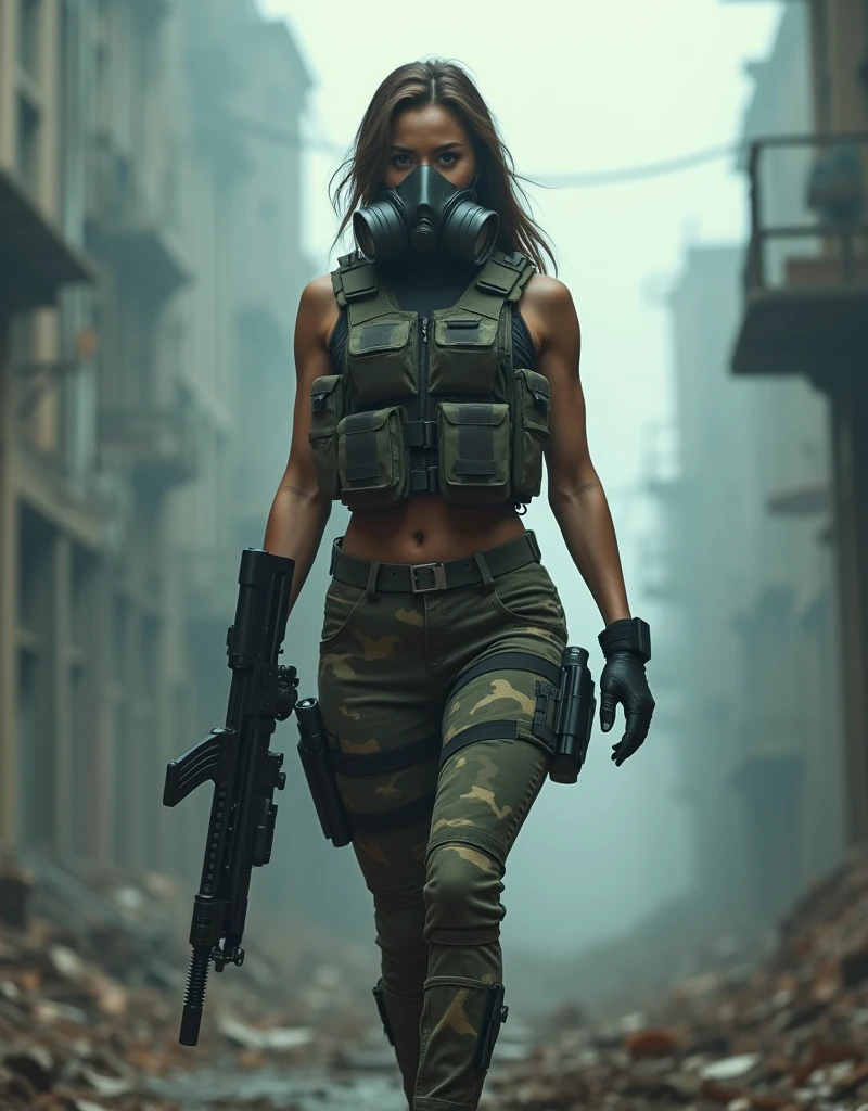(Photorealism:1.2), sexy armed woman, A female soldier wearing a gas mask patrols a fog-filled ruin.